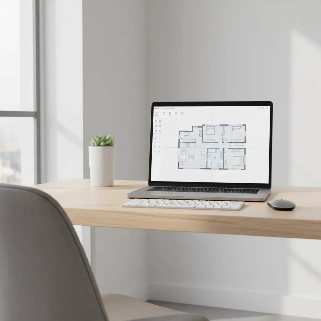 Laptop displaying a digital floor plan creator interface with room layout design