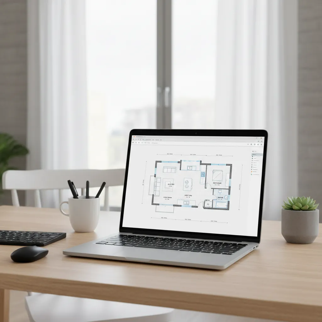 Laptop displaying a digital home floor plan layout with rooms and measurements
