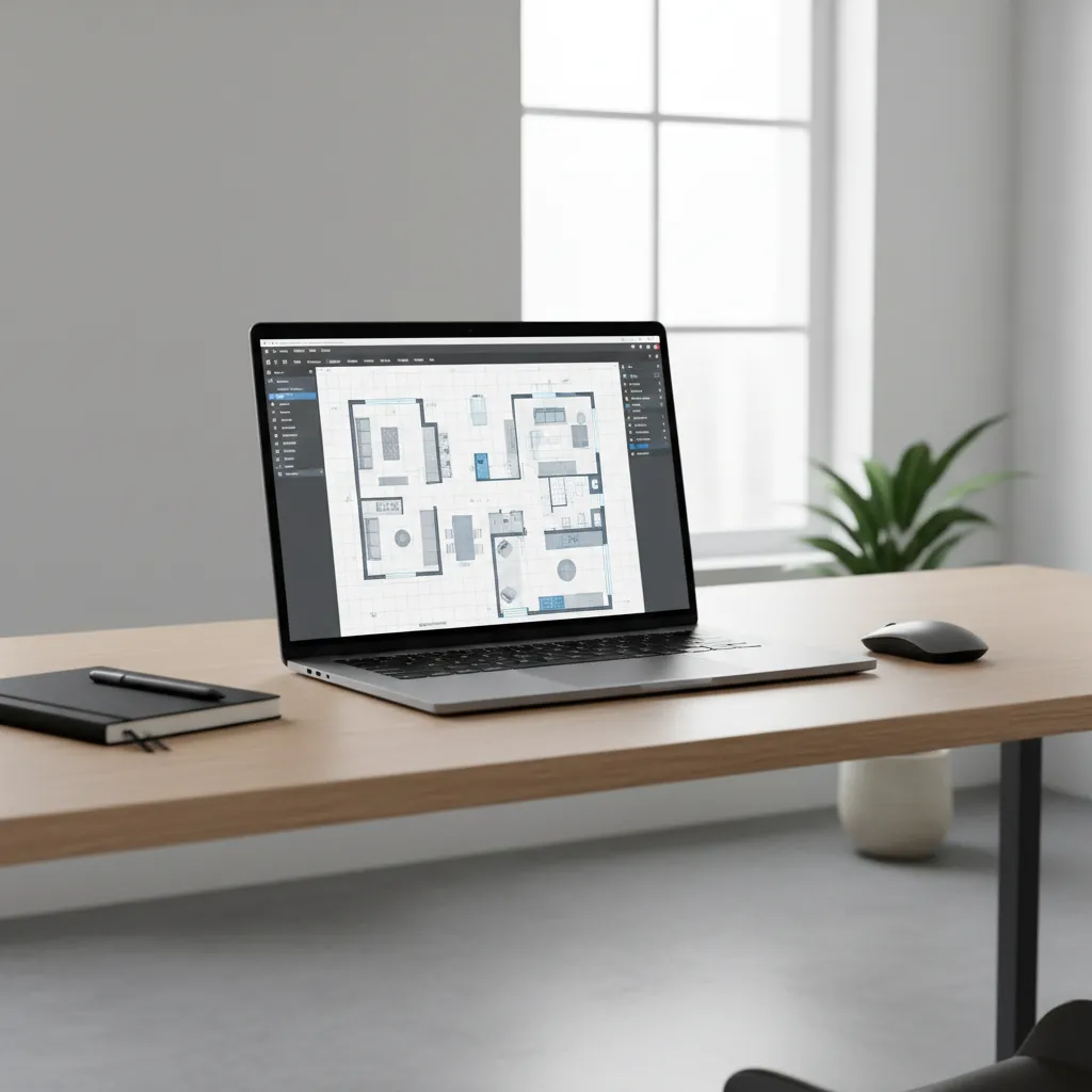 Laptop displaying digital home floor plan layout design interface