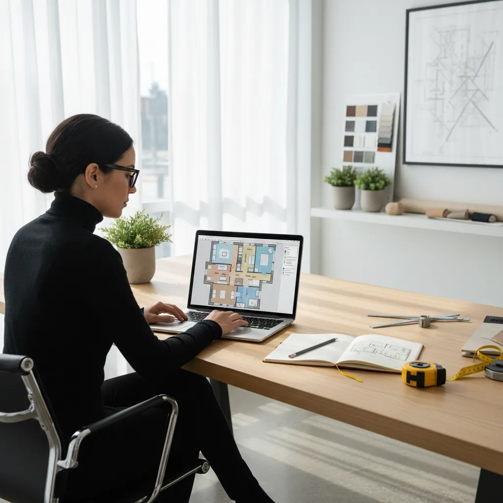 Designer working on a digital house floor plan layout using planning software