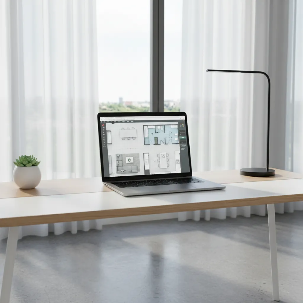 Laptop showing a digital room layout being created in floor planning software