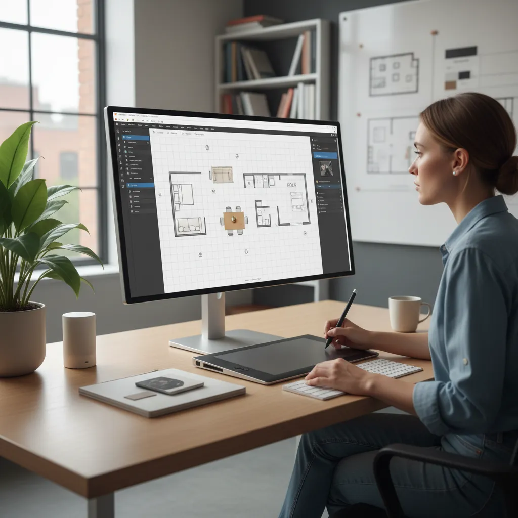 Interior designer creating a digital floor plan layout on a computer with furniture placement guides