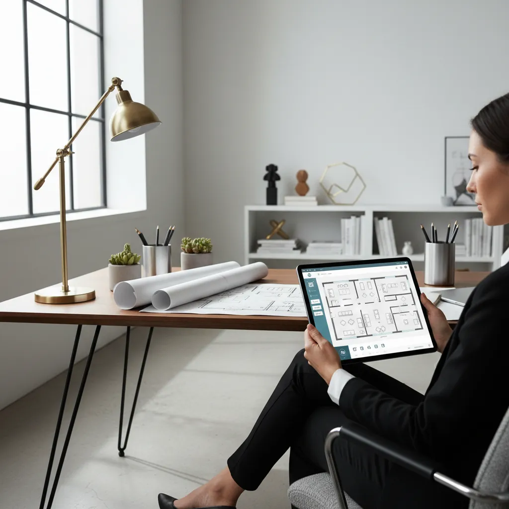 Designer using a tablet floor plan creator to sketch a house layout