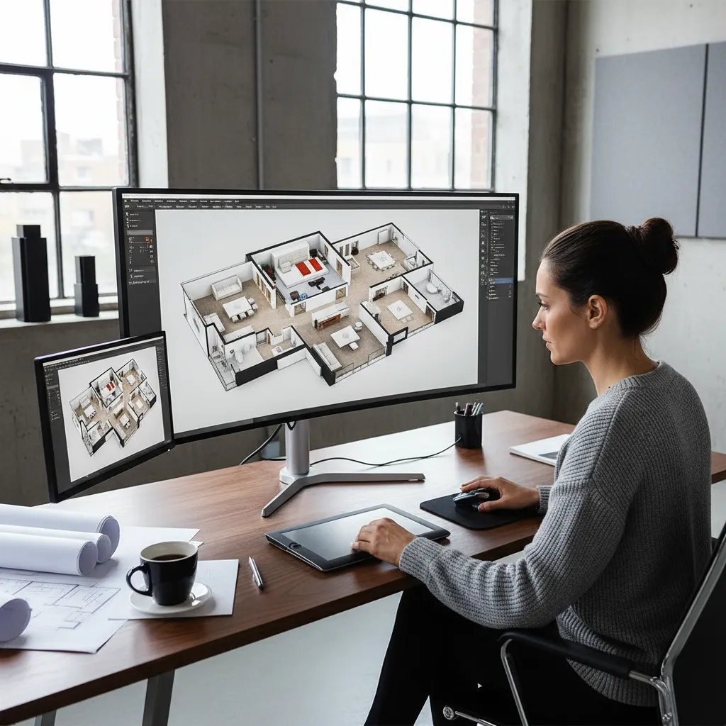 Diseño digital de plano de casa moderna en software 3D
