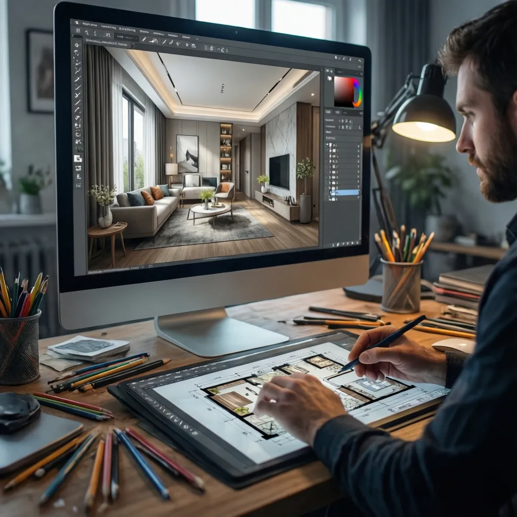 Diseño de plano digital en ordenador mostrando distribución de vivienda