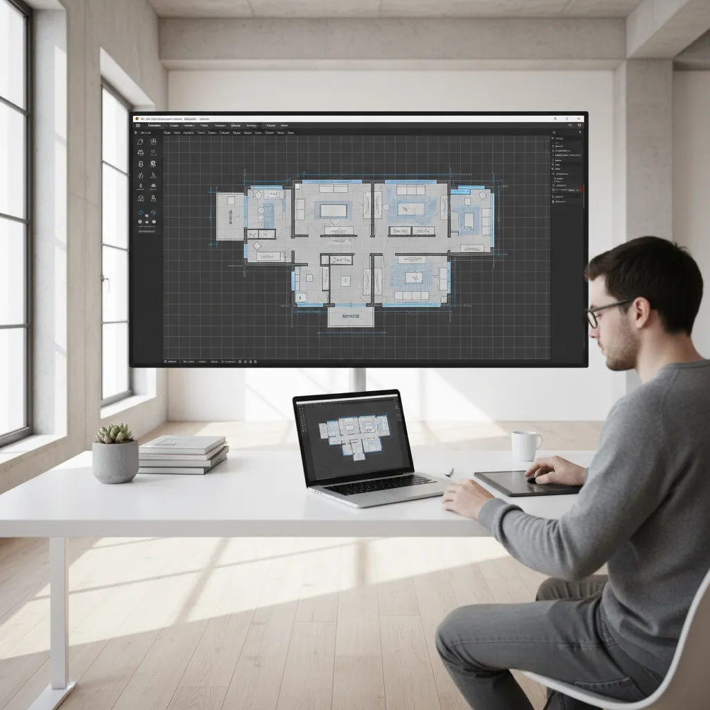 Man using digital design tool to create house floor plan on laptop and large monitor