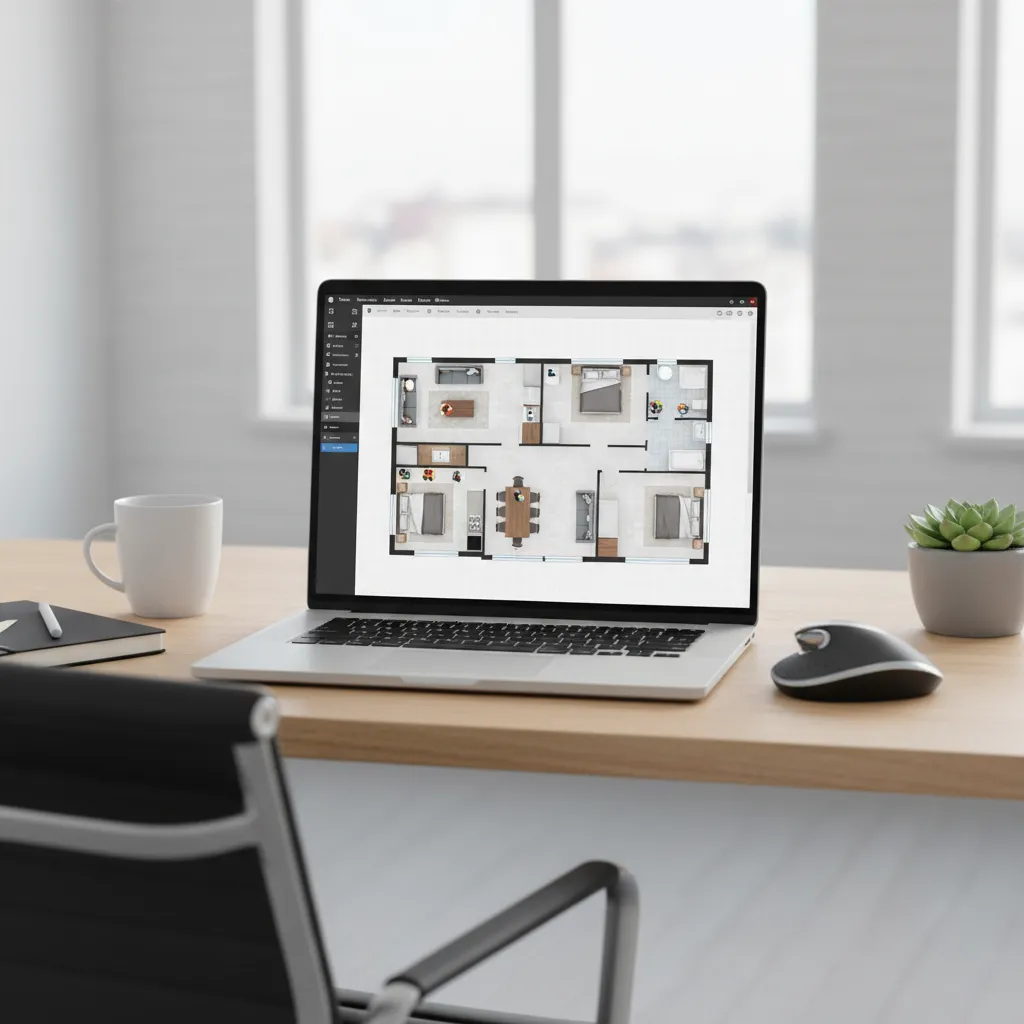 Laptop showing a digital floor plan layout with furniture placement tools