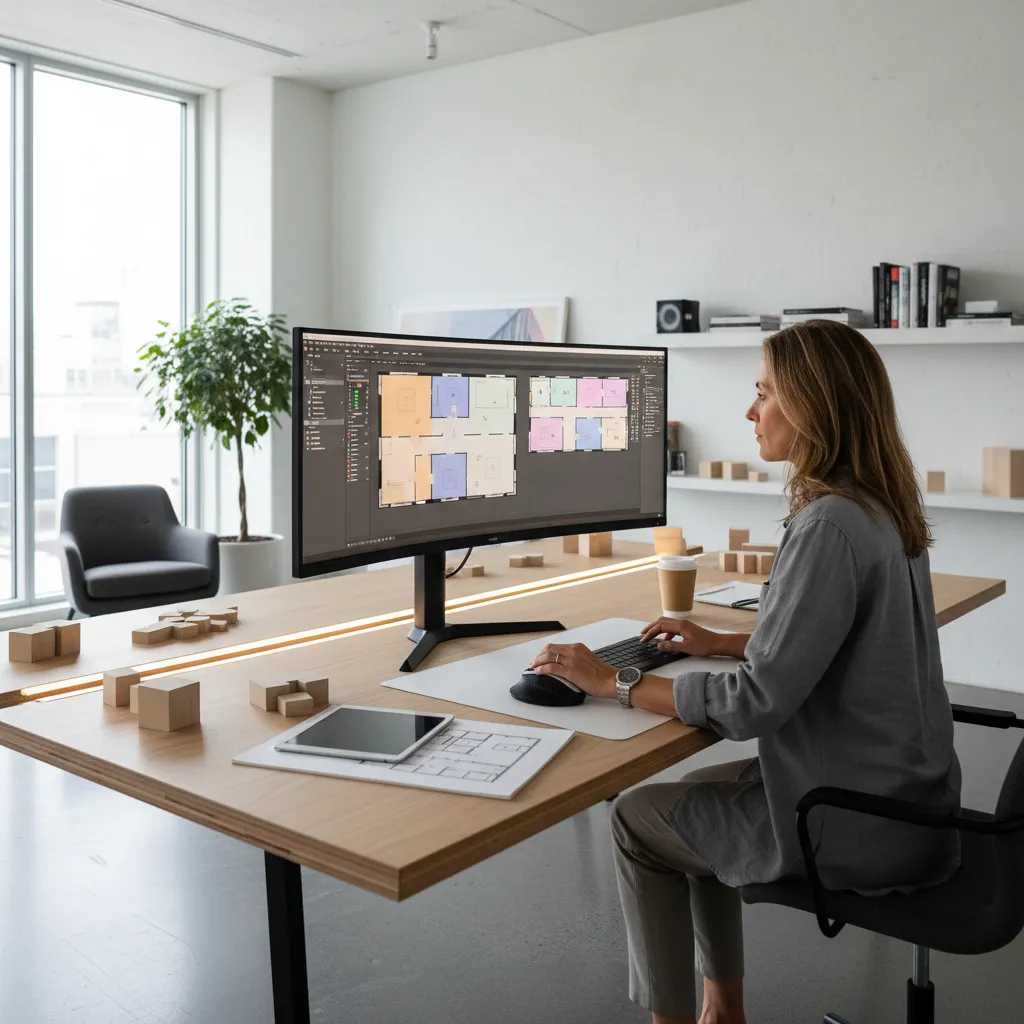 Interior designer creating a digital floor plan layout on a computer