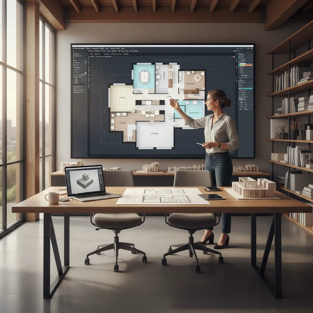 Interior designer reviewing a digital floor plan layout on a large screen