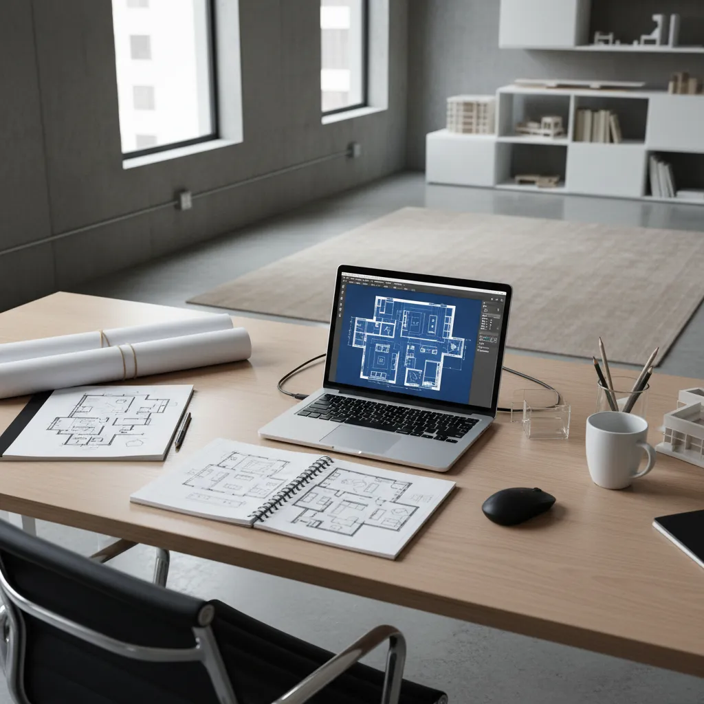 Interior designer creating a digital floor plan layout on a laptop