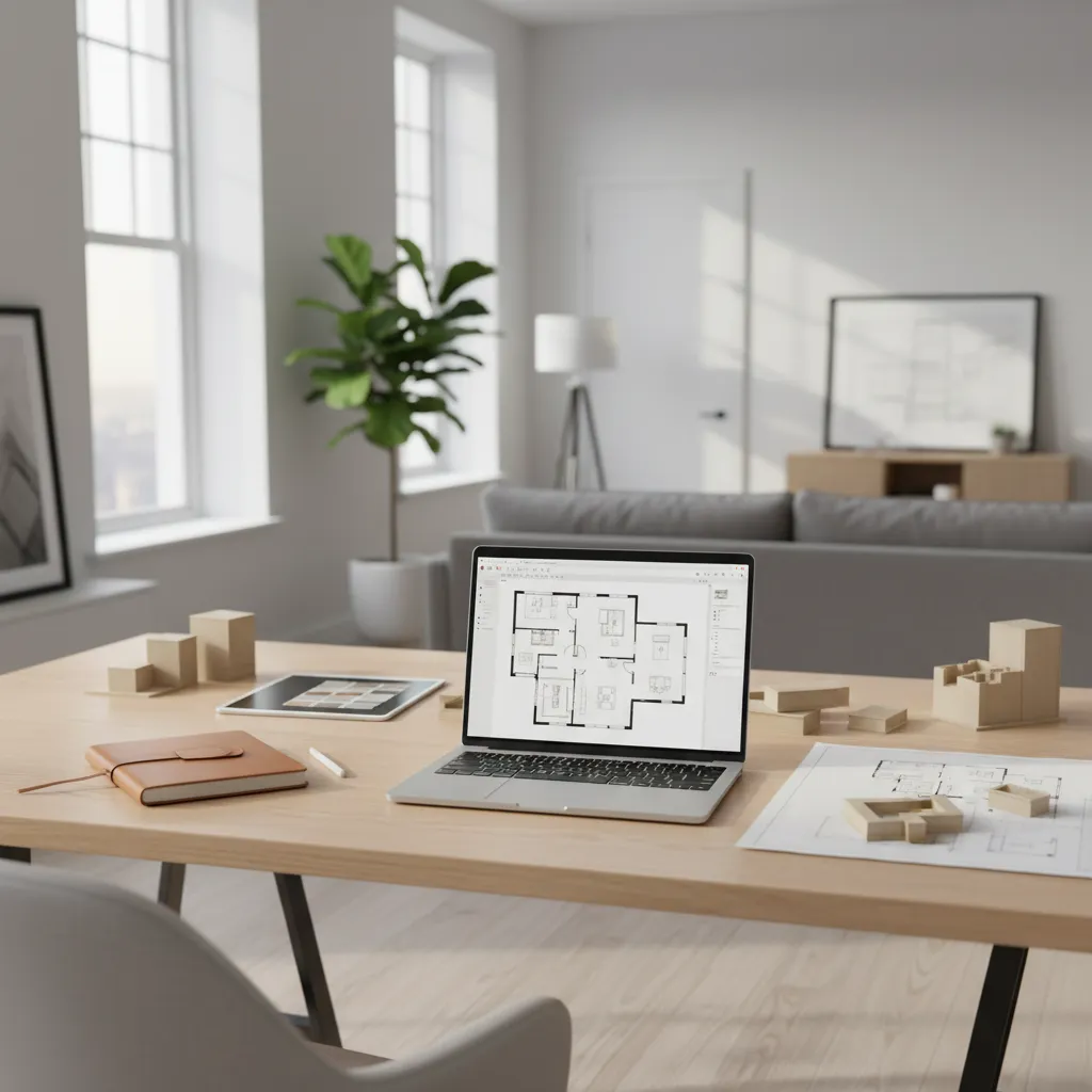 Designer creating a digital room layout on laptop using floor planning software