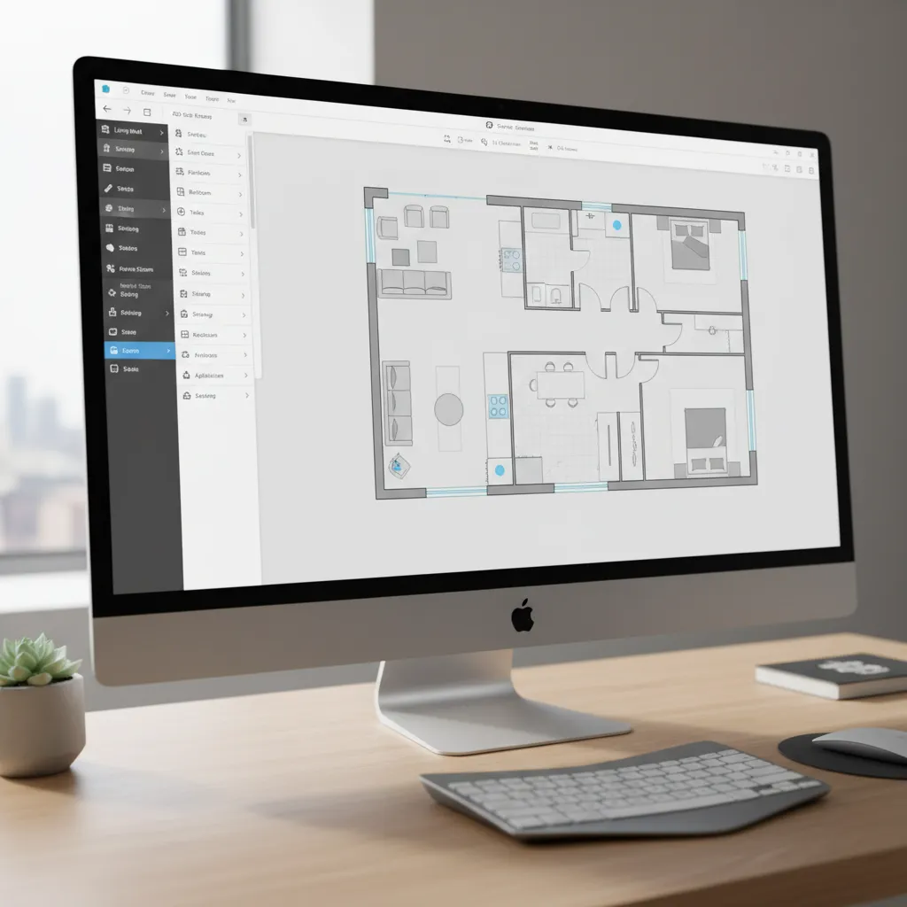 Modern floor plan creator interface showing room layout and furniture placement