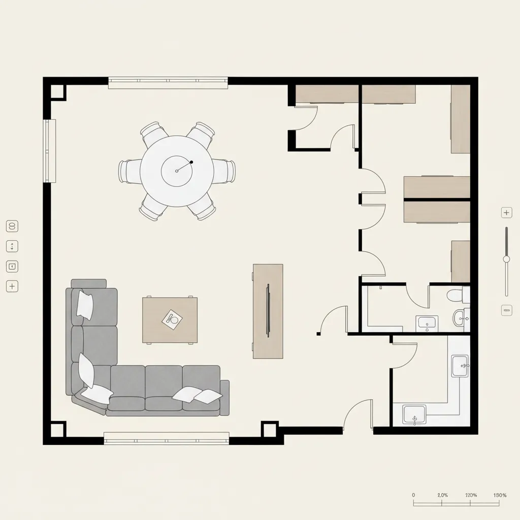 Digital floor plan with furniture placement for living room interior design