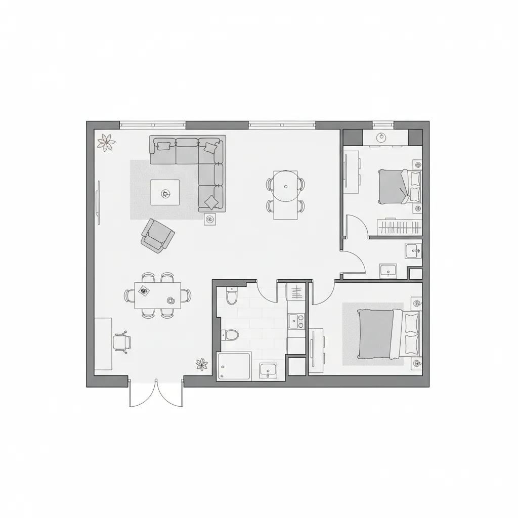 Digital floor plan with furniture layout showing sofa bed and dining placement