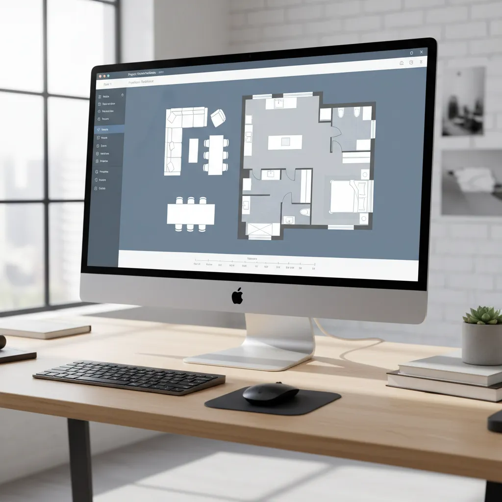 Online floor plan software interface showing a house layout with furniture