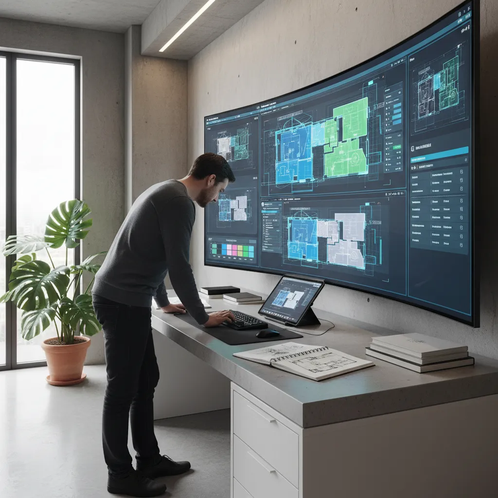designer reviewing multiple digital floor plan layouts on a large monitor