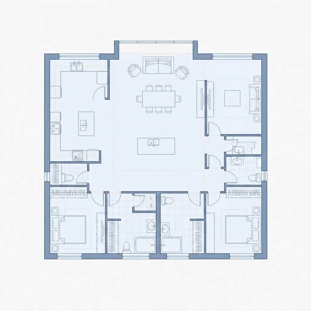 Coohom 2D room layout displaying a floor plan with bedrooms bathrooms kitchen and dining area