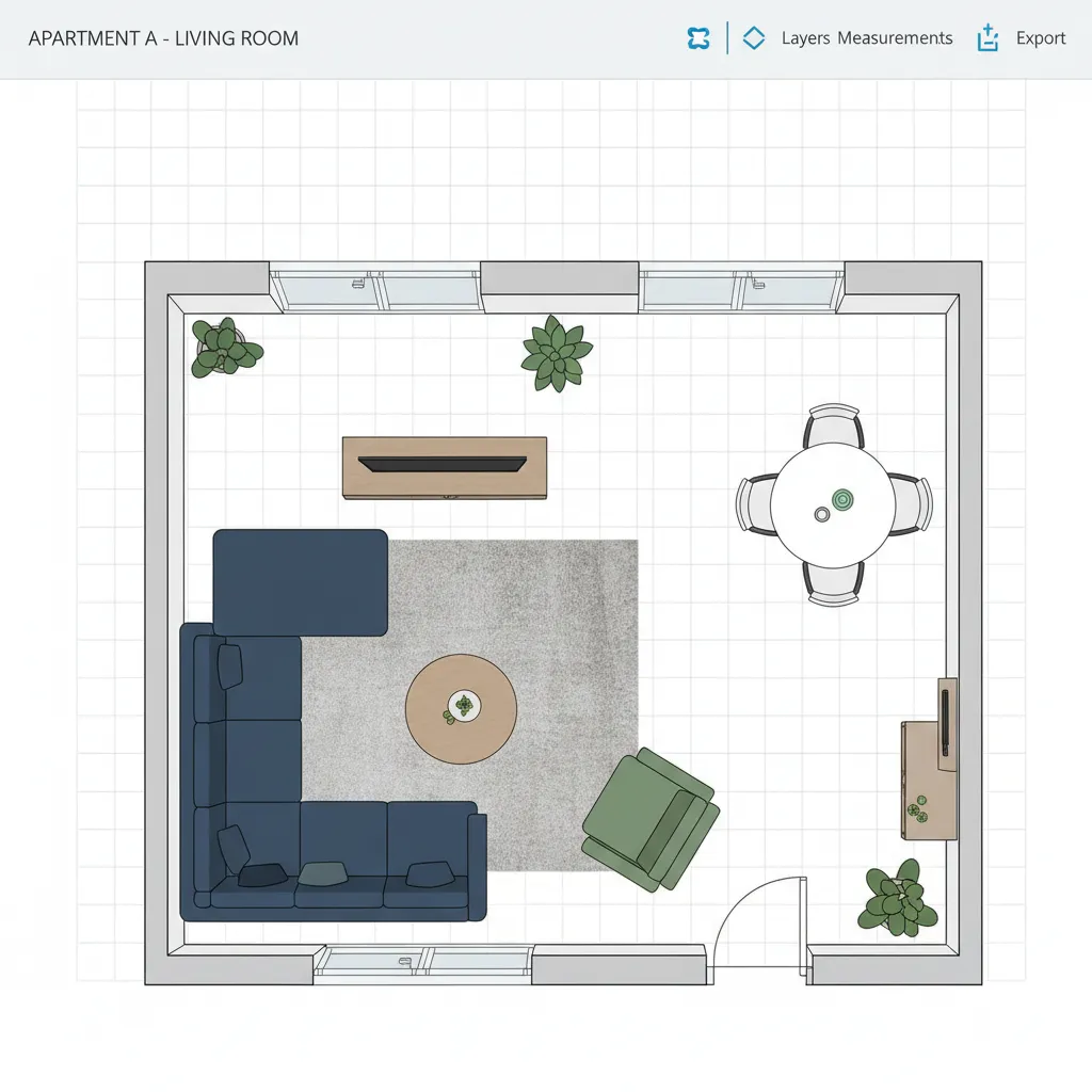 Digital floor plan layout with furniture placement created in interior design software