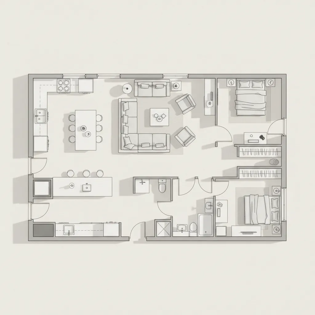 Top view digital floor plan layout showing living room kitchen and bedroom arrangement