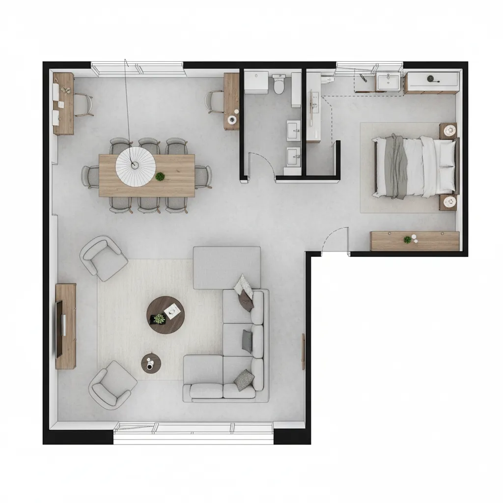 Top view digital floor plan layout with furniture placement and room zones