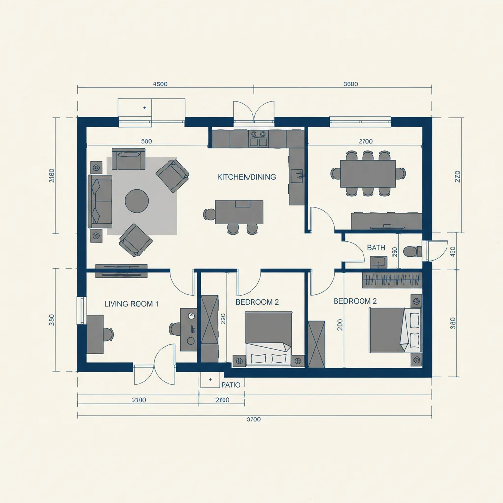 digital house floor plan with rooms furniture and measurements