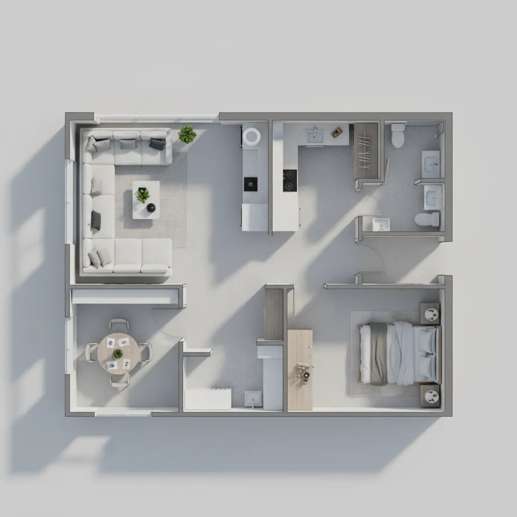 Digital floor plan layout with furniture placement for a small apartment