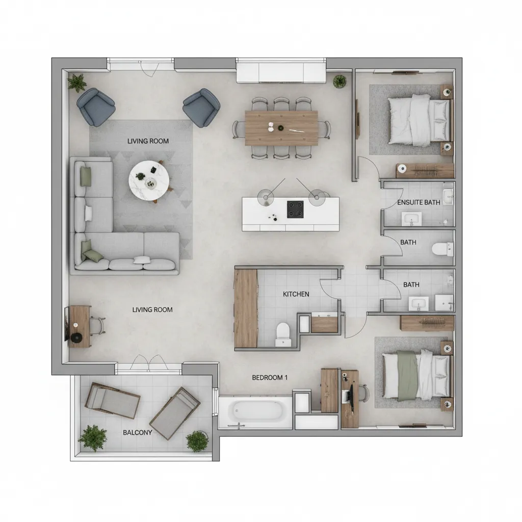Digital house floor plan layout with furniture and room zones