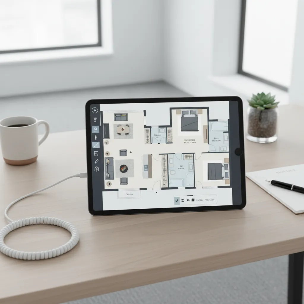 Digital floor plan layout displayed on tablet with architectural measurements