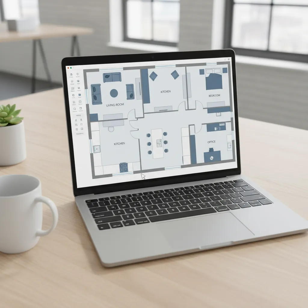 Laptop screen displaying a digital floor plan with labeled rooms on a wooden office table