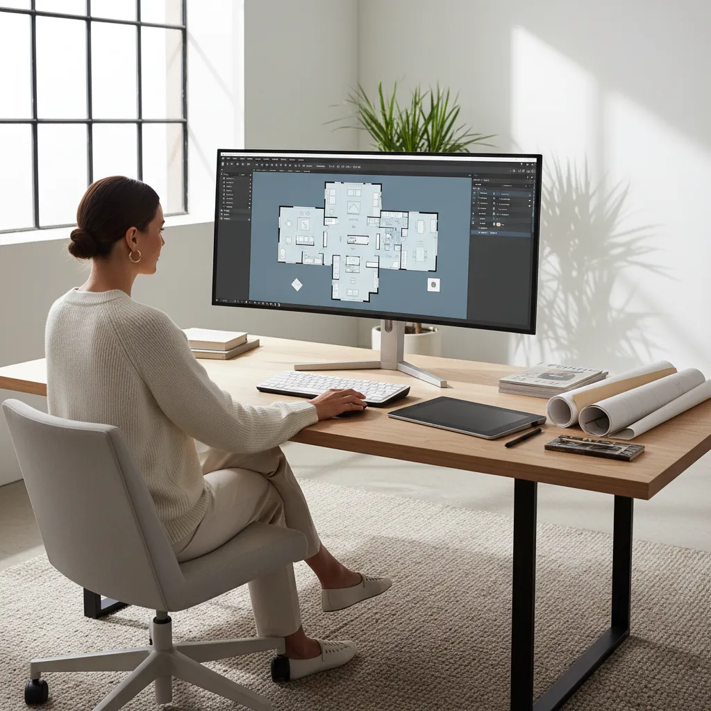designer reviewing a digital floor plan layout on a computer using a floor plan creator