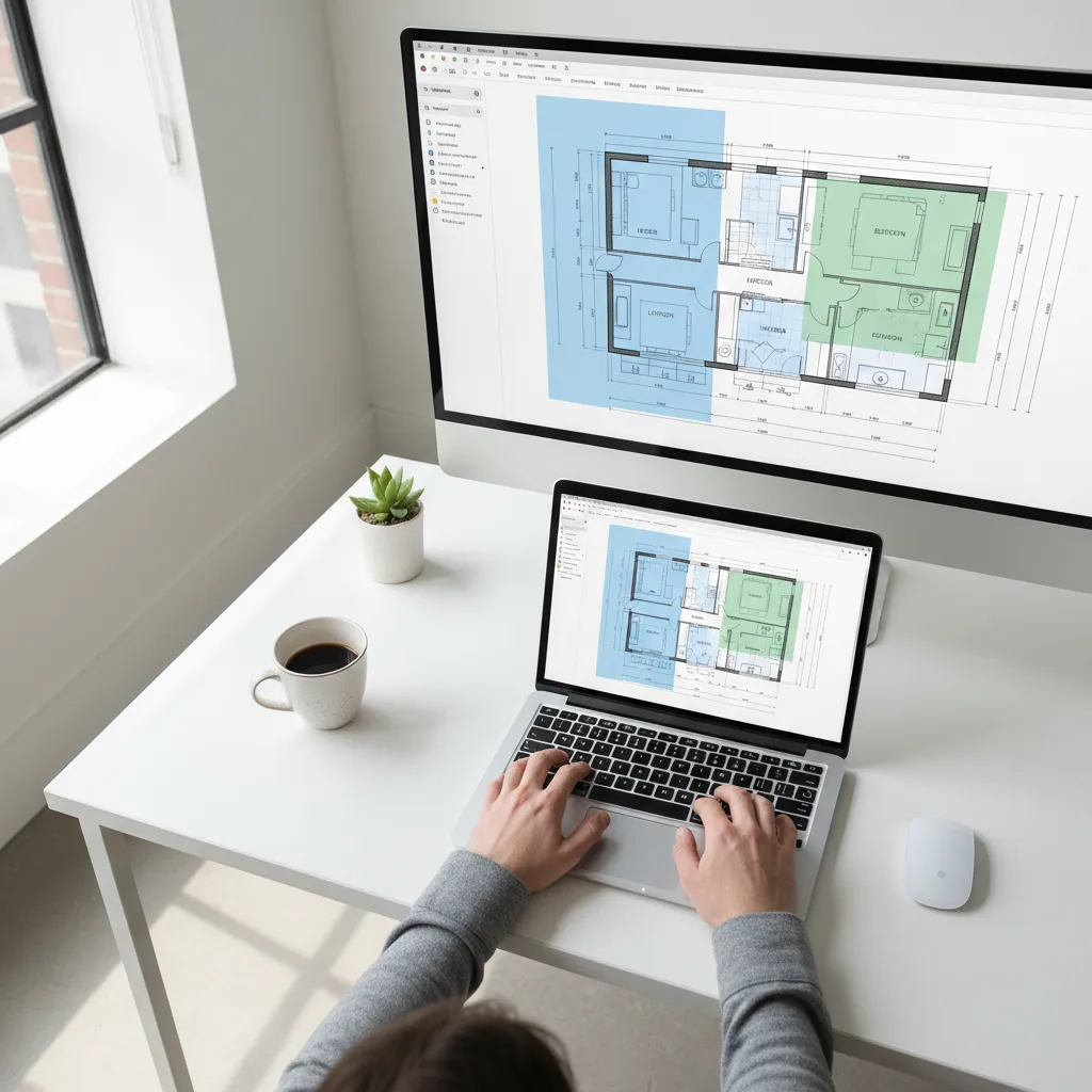 Designer using a laptop and large monitor to edit a digital house floor plan layout