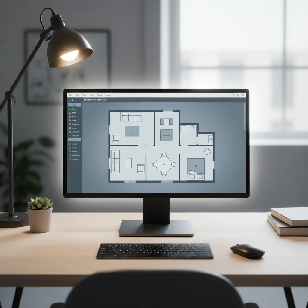 Computer screen showing a digital floor plan layout editor with rooms and furniture blocks