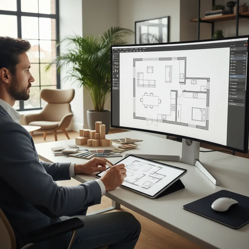 Interior designer creating a room layout using a digital floor plan tool on computer