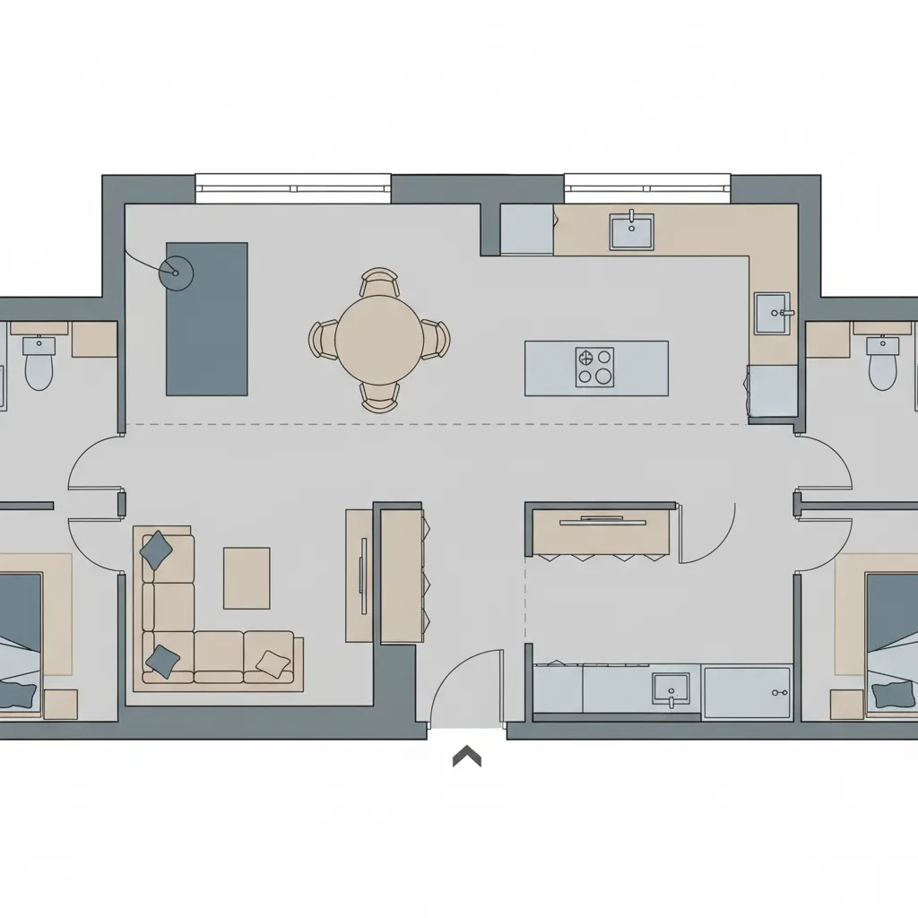 clean digital apartment floor plan showing furniture placement and circulation paths