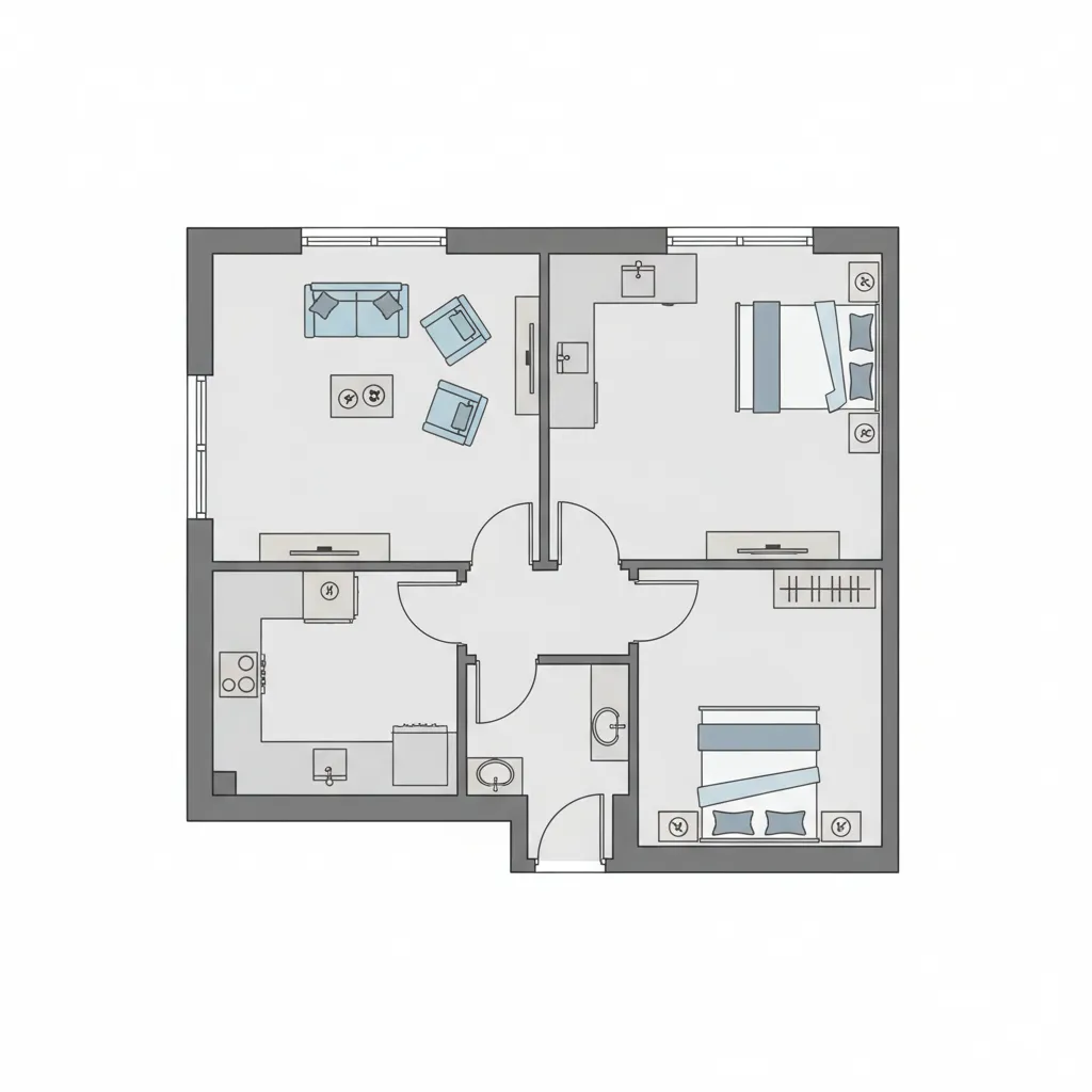 Simple digital home floor plan layout with labeled rooms and furniture placement