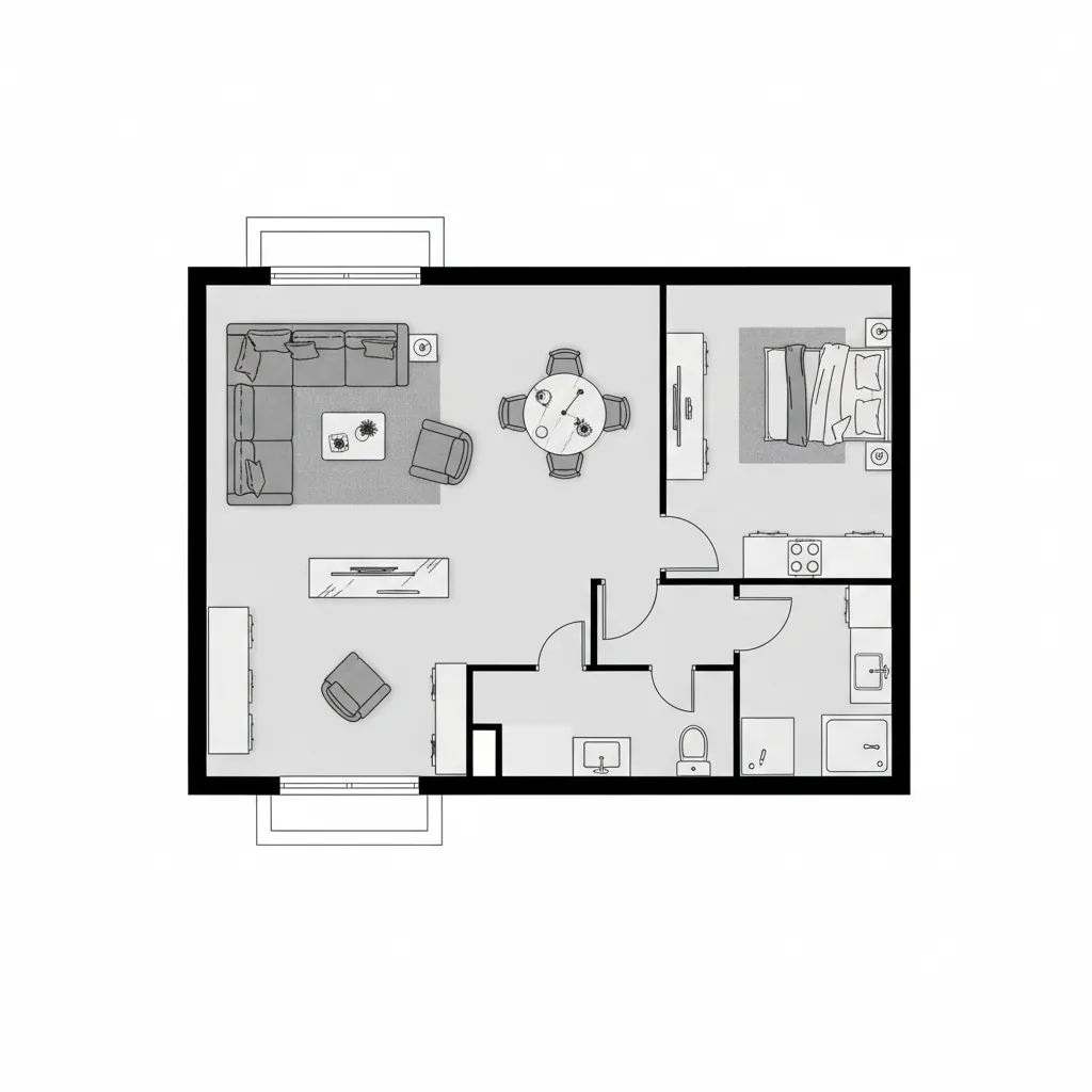 Digital floor plan layout showing furniture placement in a modern apartment