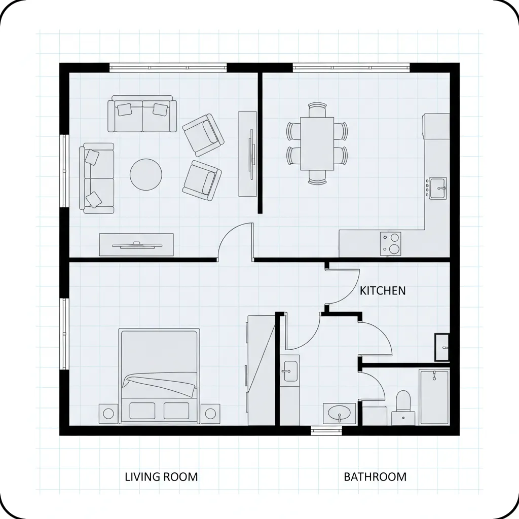 Digital apartment floor plan layout with furniture placement and room labels