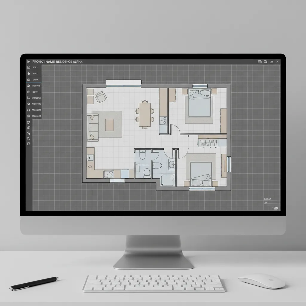 digital floor plan grid layout showing walls rooms and furniture placement