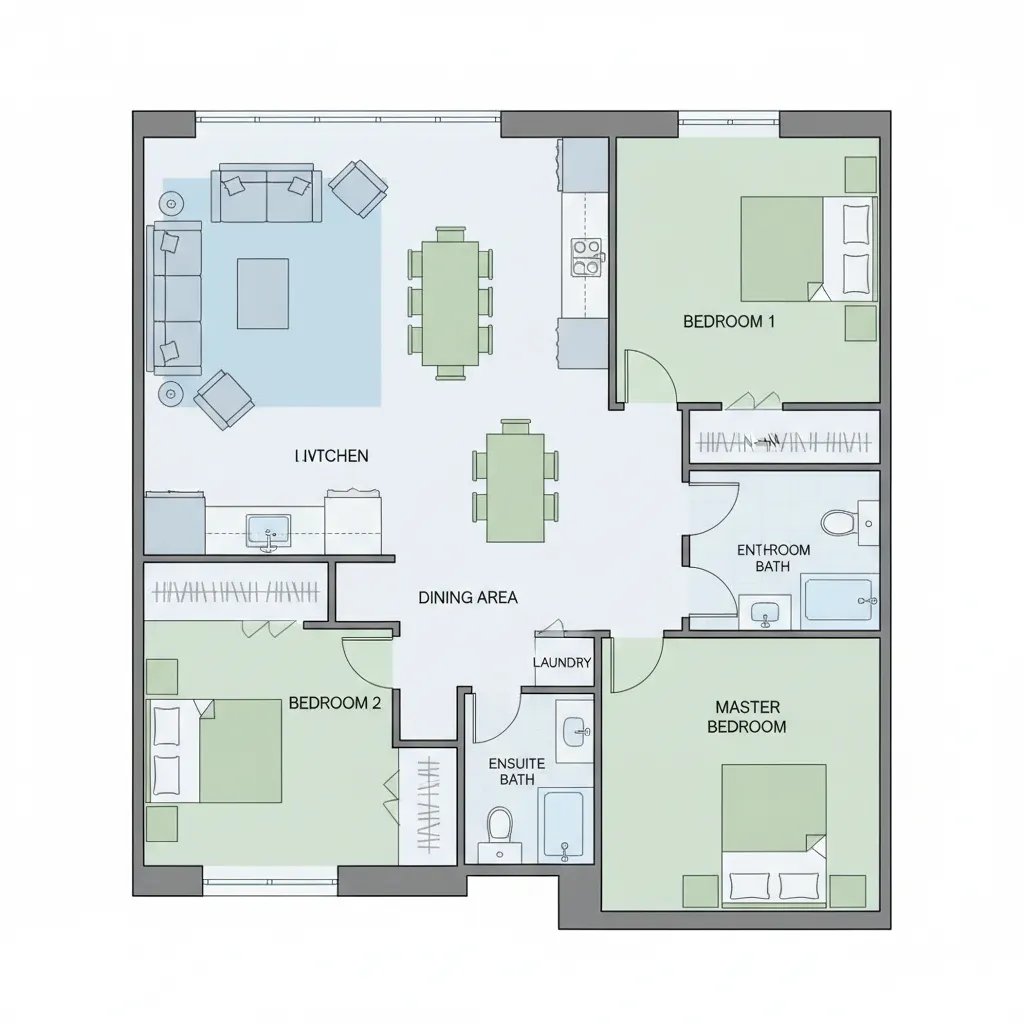 Clean digital interior floor plan layout with labeled rooms and furniture blocks