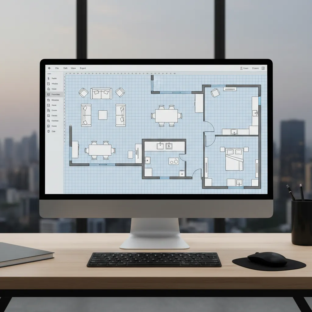 CAD software interface showing room layout grid and furniture placement