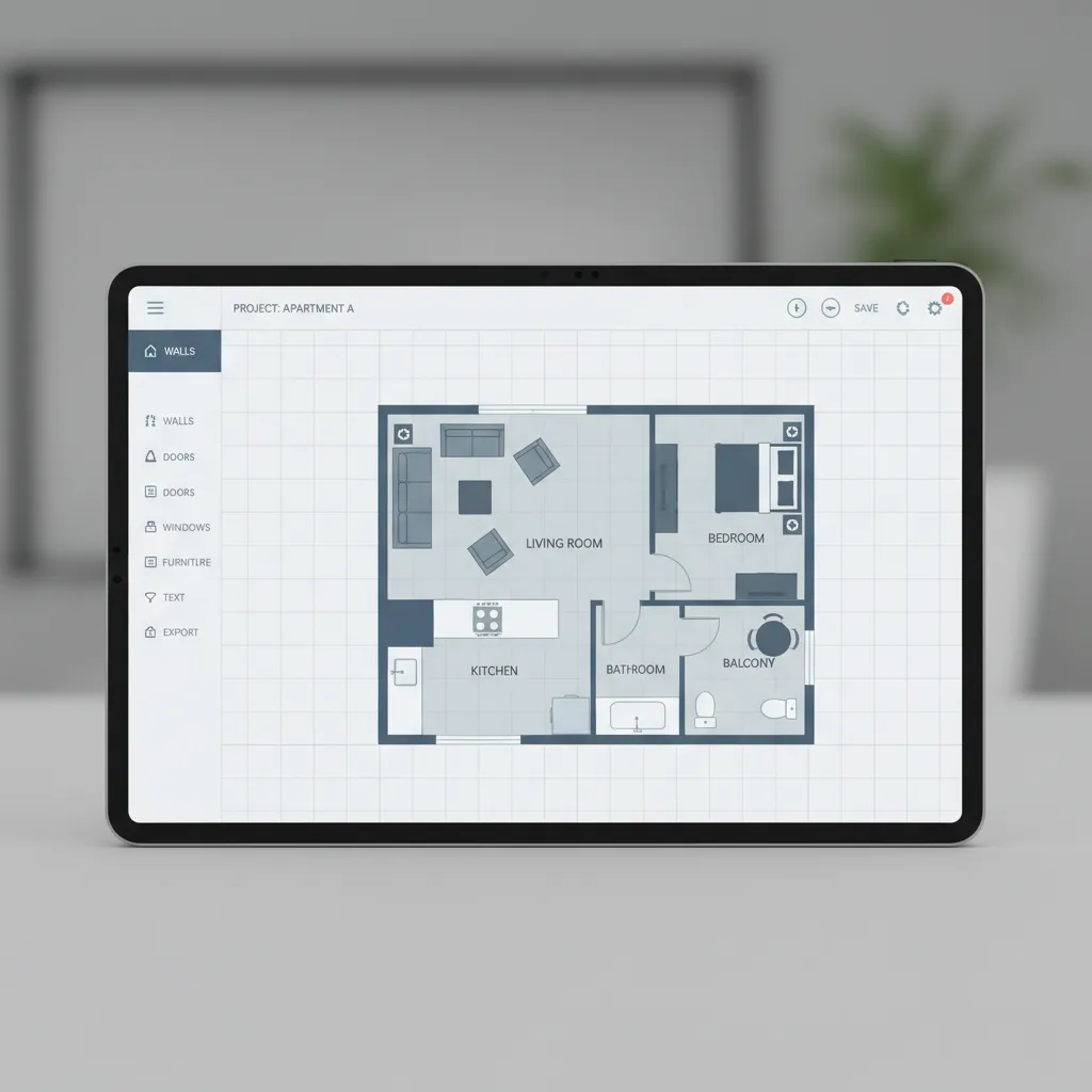 Digital floor plan layout interface with rooms and furniture placement