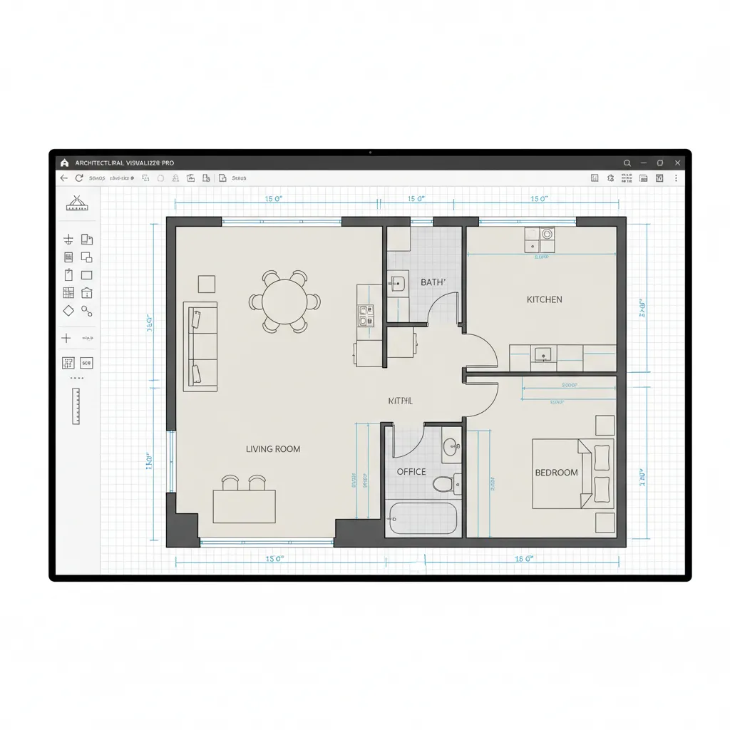 Modern floor plan creator interface showing walls rooms and furniture layout