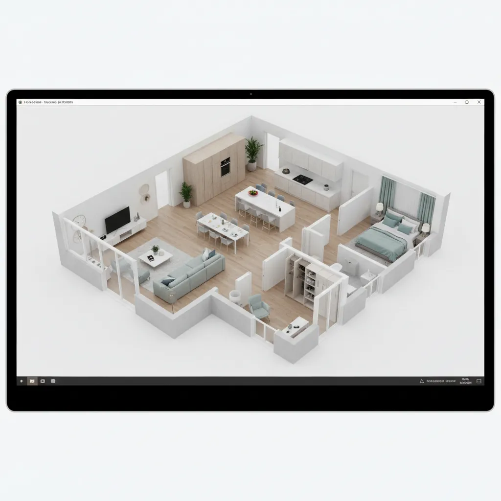 3D digital home layout with furniture zones shown in floor planning software
