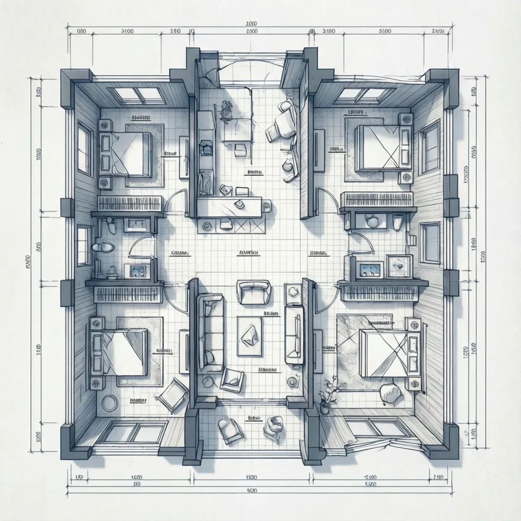 clean architectural 2D floor plan layout with walls rooms and measurements