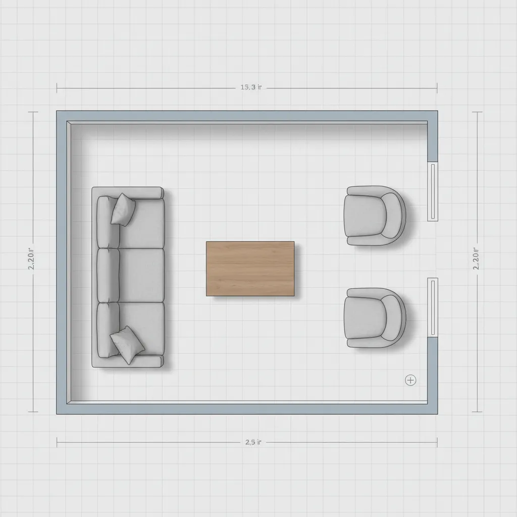 Digital floor plan layout tool showing furniture placement and room measurements