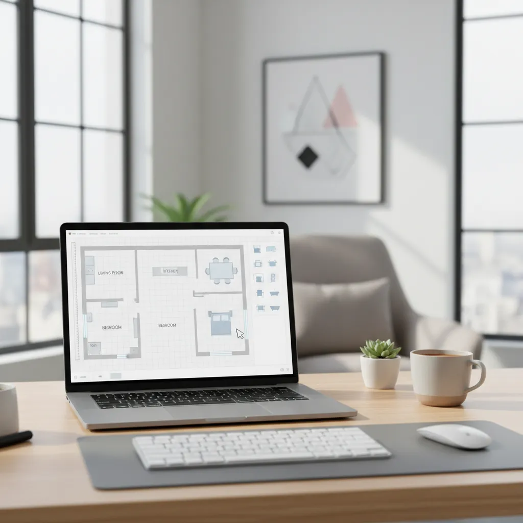 User creating a home floor plan layout on a laptop using a drag and drop planning tool