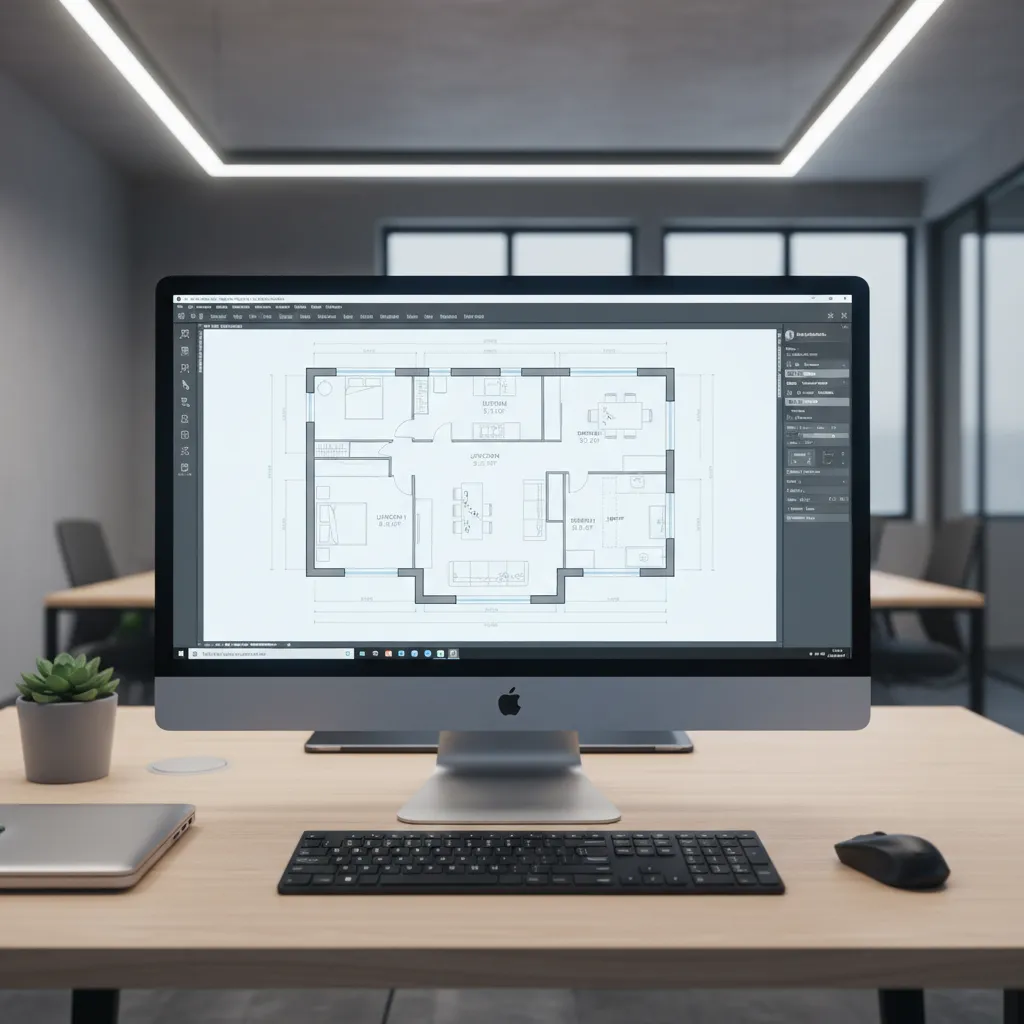 Computer screen displaying a digital home floor plan layout with rooms and dimensions