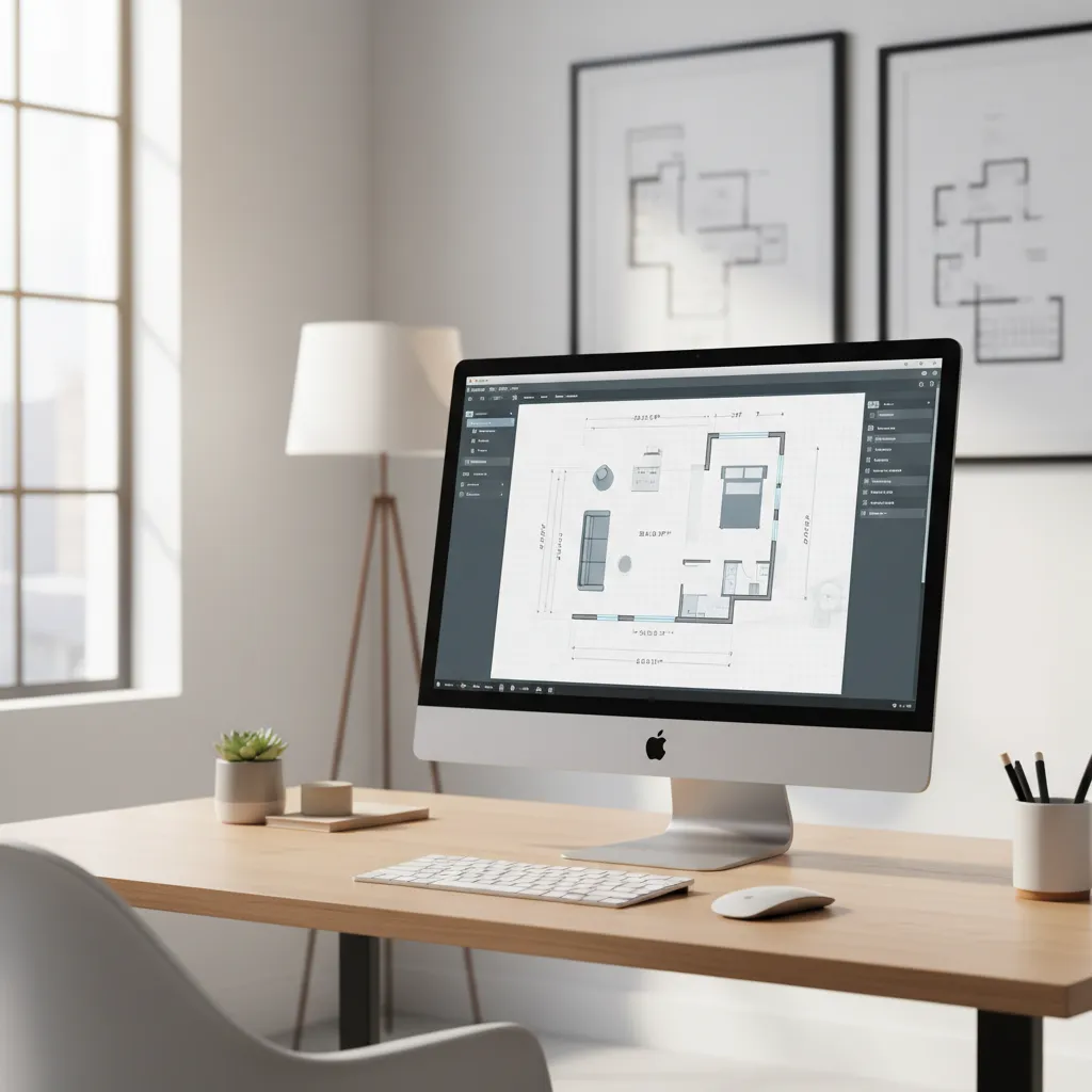 computer screen displaying a digital room layout created with a floor plan designer tool