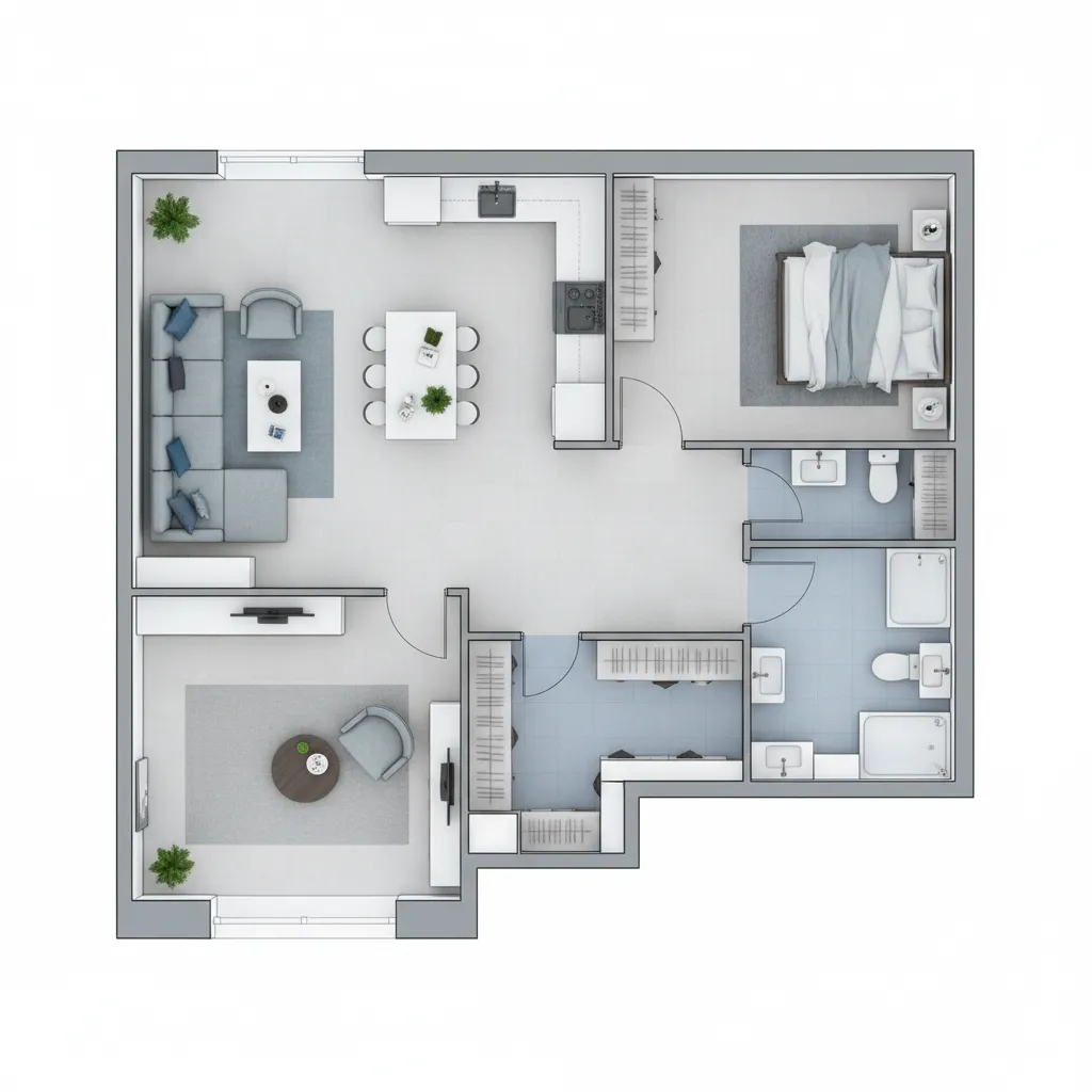 Top view digital house floor plan layout with labeled rooms and furniture