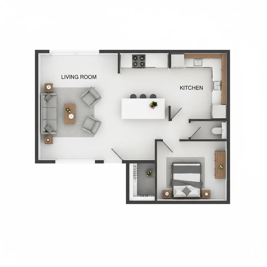 Top view digital apartment floor plan layout with furniture placement